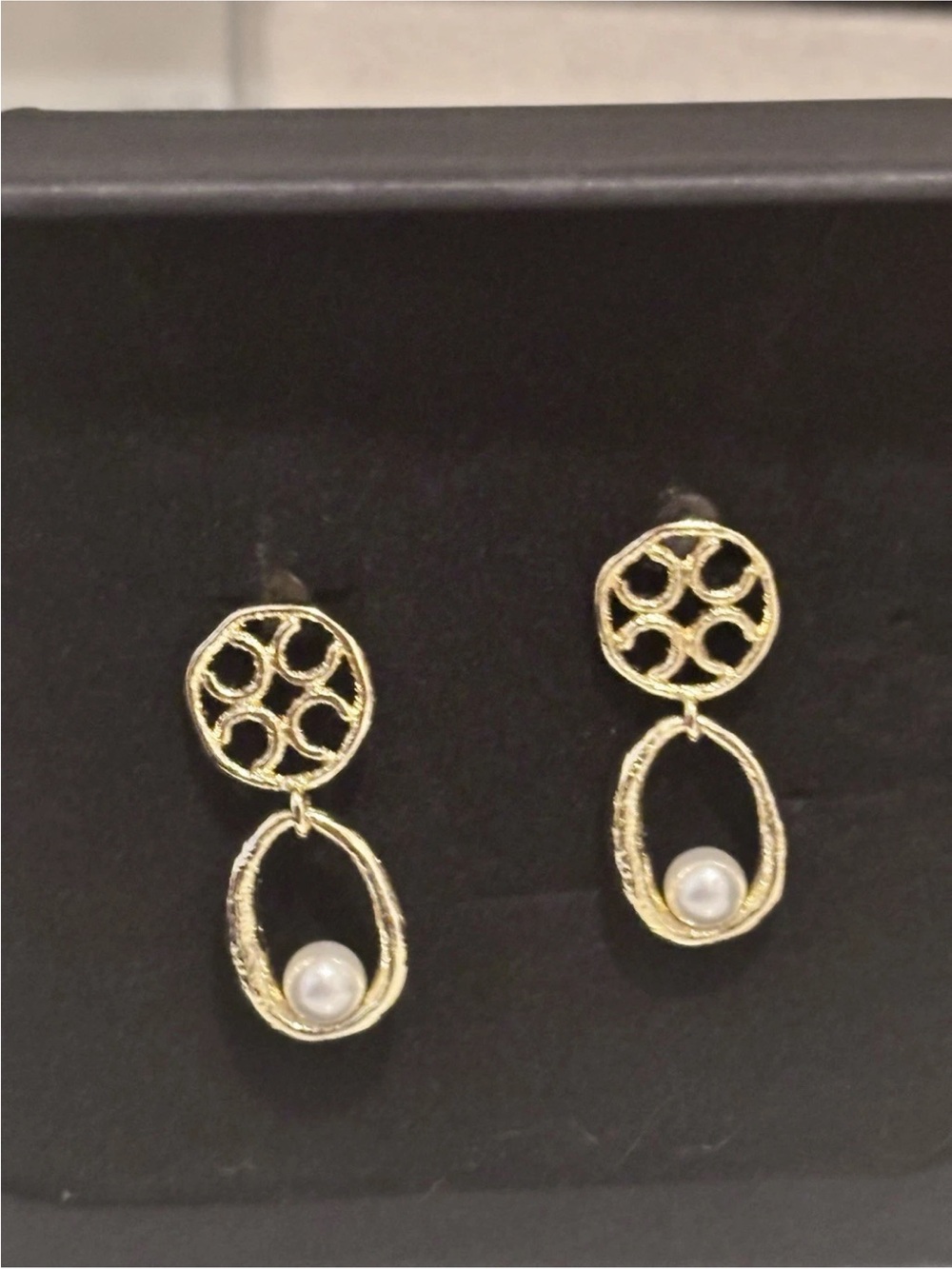 Gold Plated Pearl Drop Earrings Textured Oval Dangle Minimalist Bridal Jewelry